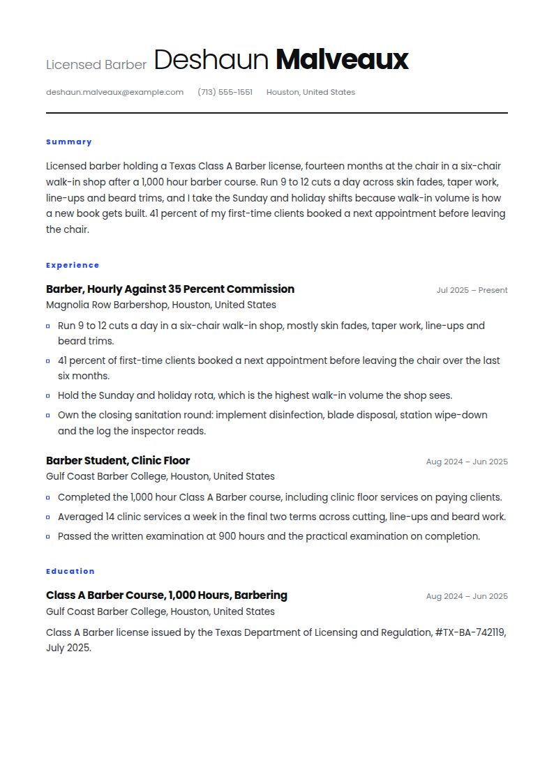 Barber Resume Examples & Templates