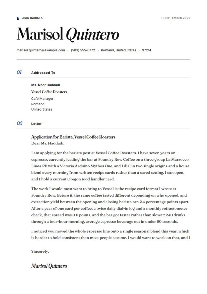 Barista Cover Letter Examples & Templates