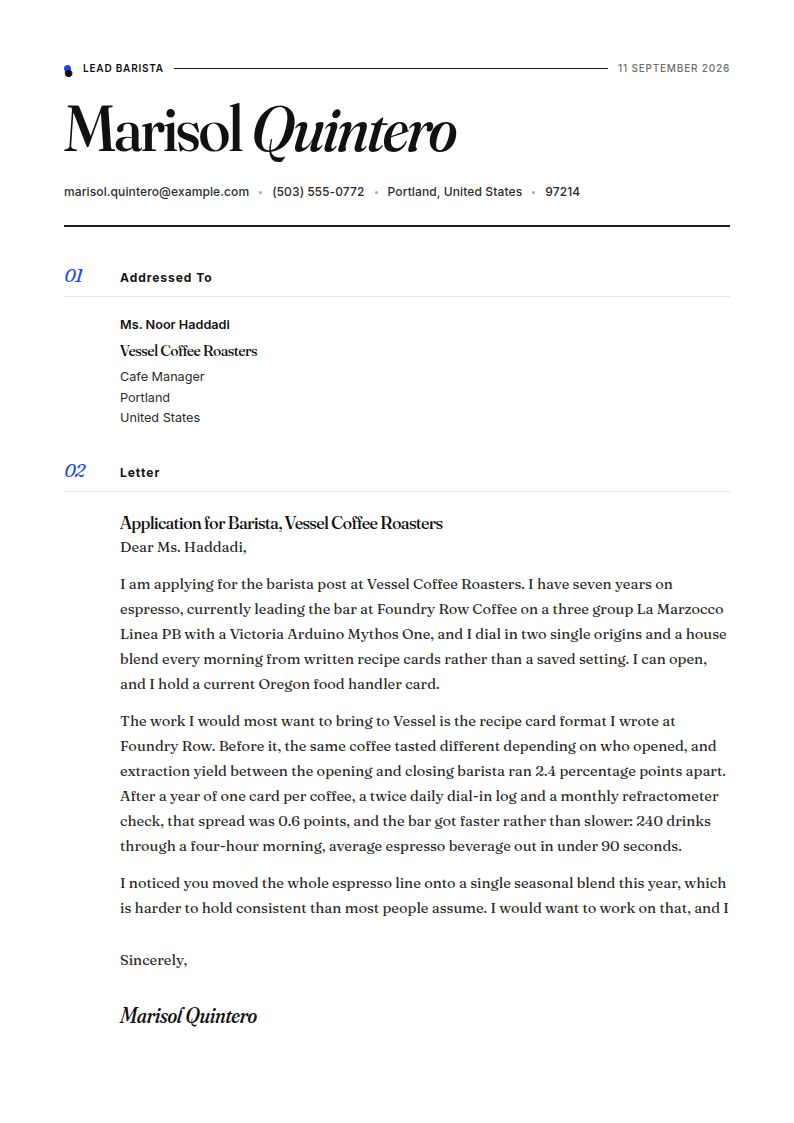 Barista Cover Letter Examples & Templates