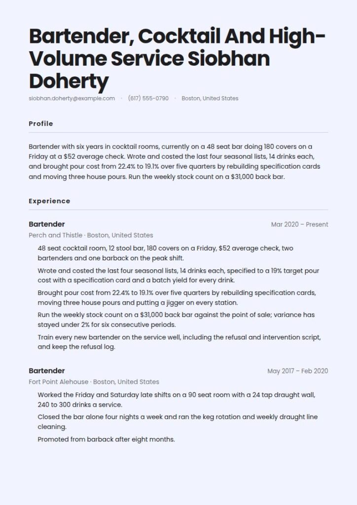 Bartender Resume Examples & Templates
