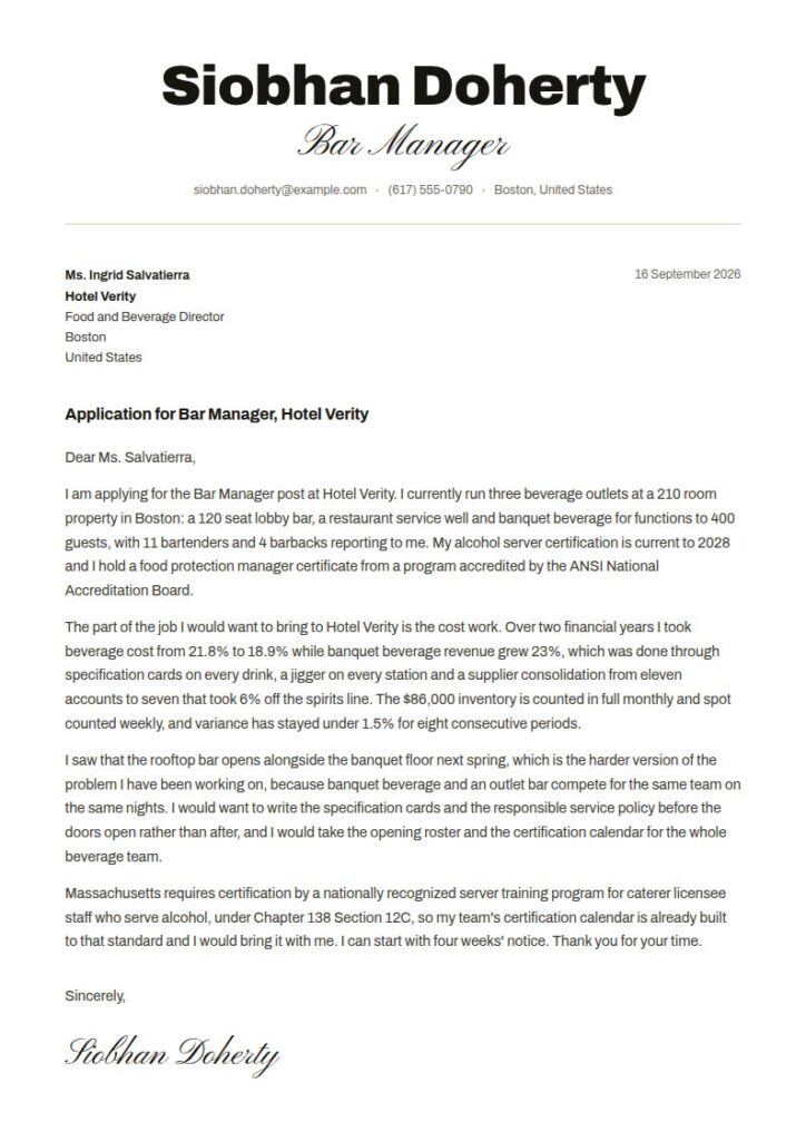 Bartender Cover Letter Examples & Templates
