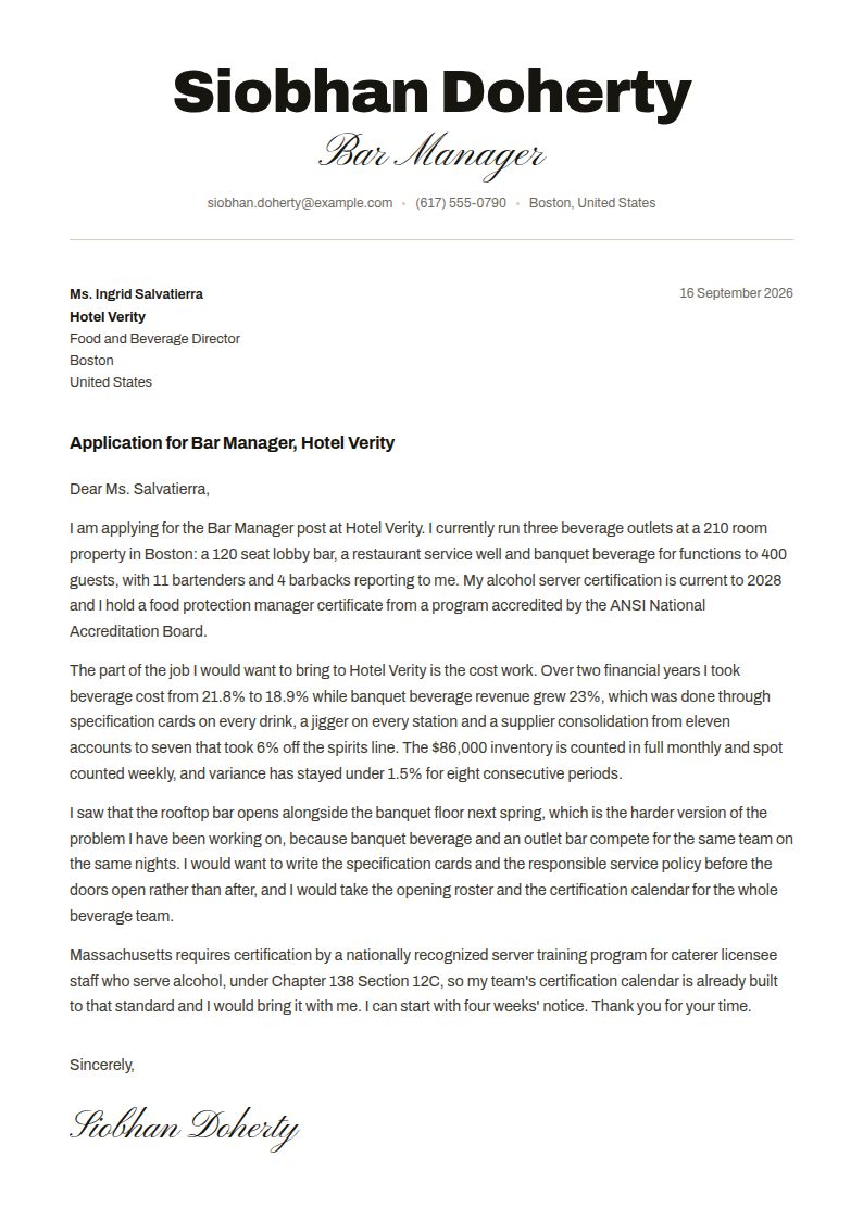 Bartender Cover Letter Examples & Templates