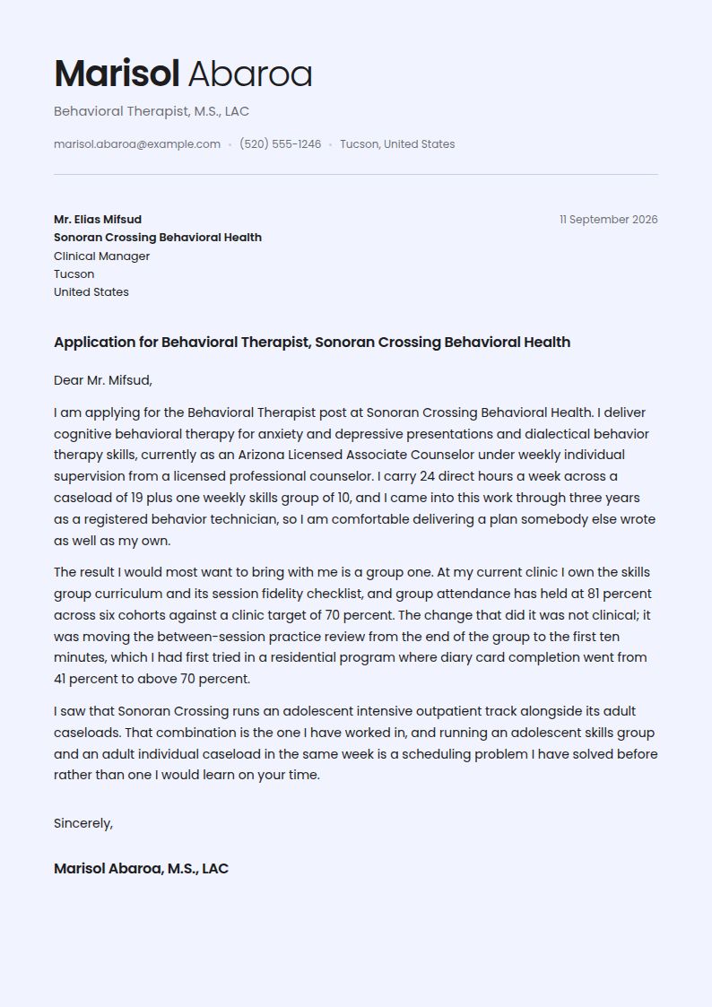 Behavioral Therapist Cover Letter Examples & Templates