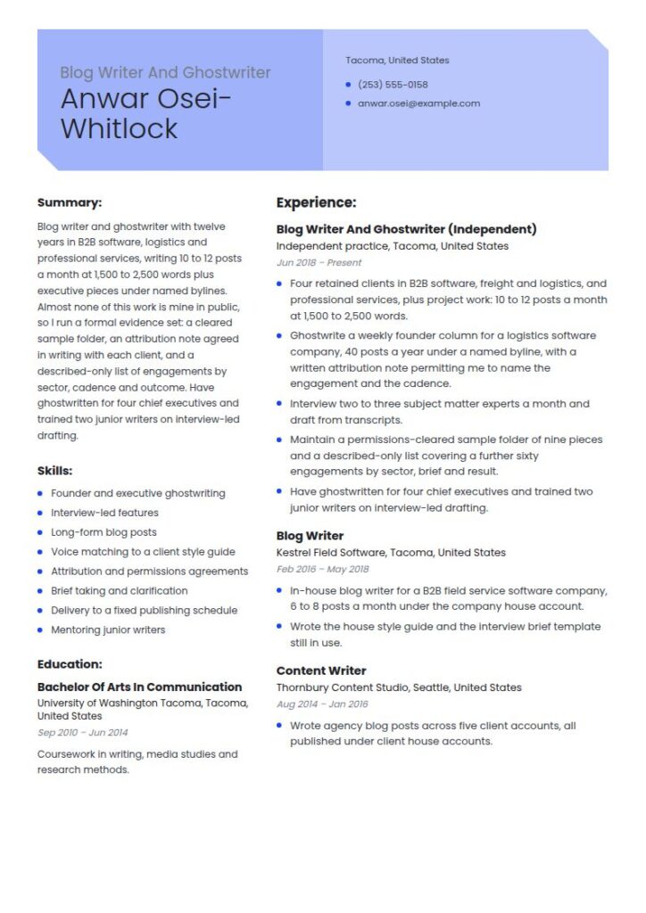Blog Writer Resume Examples & Templates