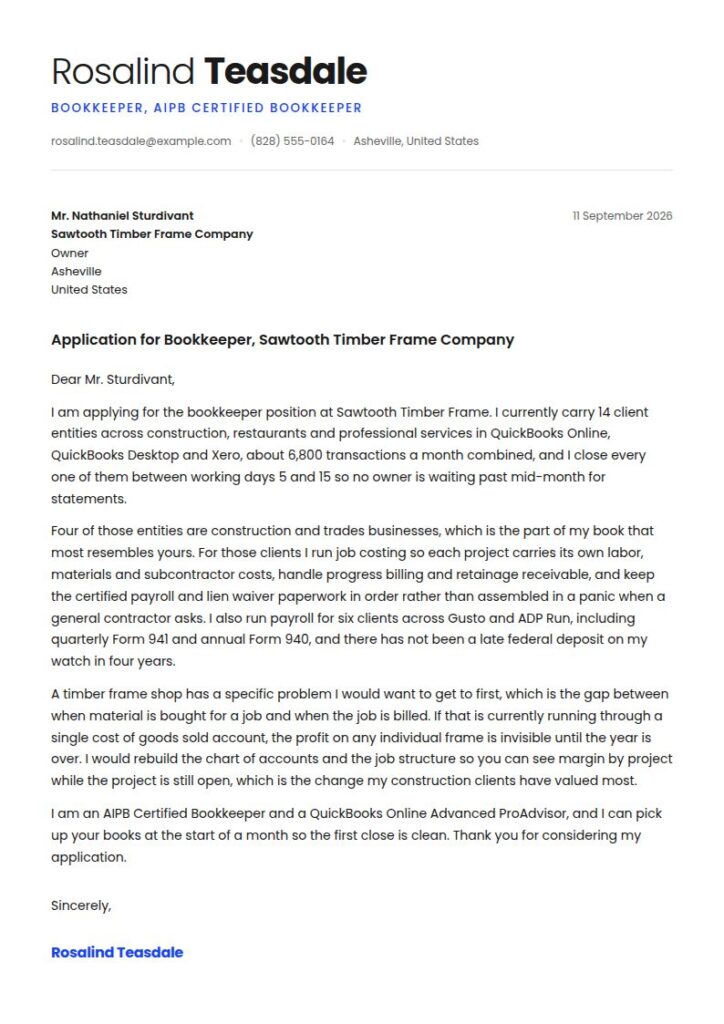 Bookkeeper Cover Letter Examples & Templates