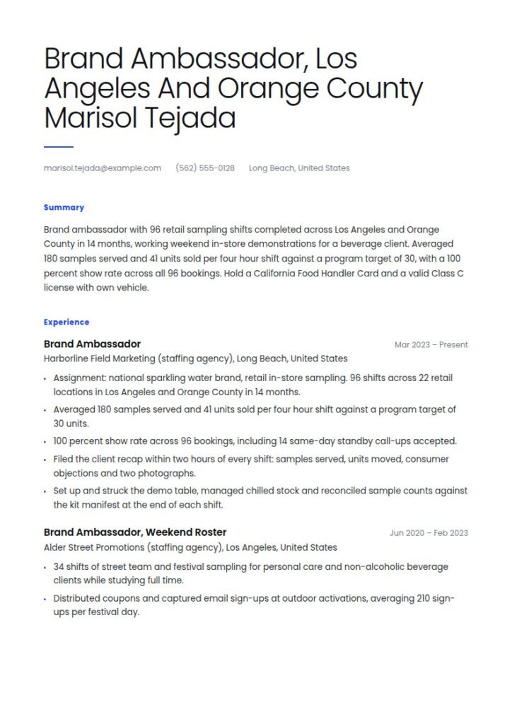 Brand Ambassador Resume Examples & Templates