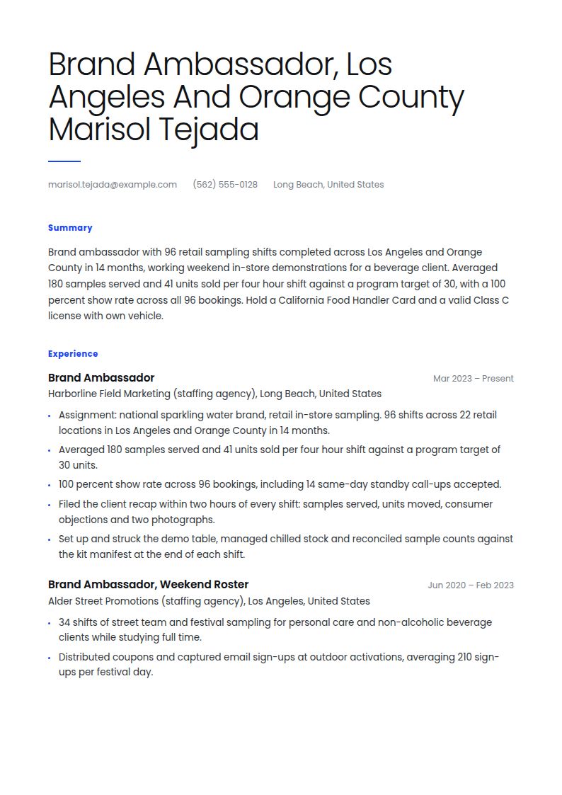 Brand Ambassador Resume Examples & Templates