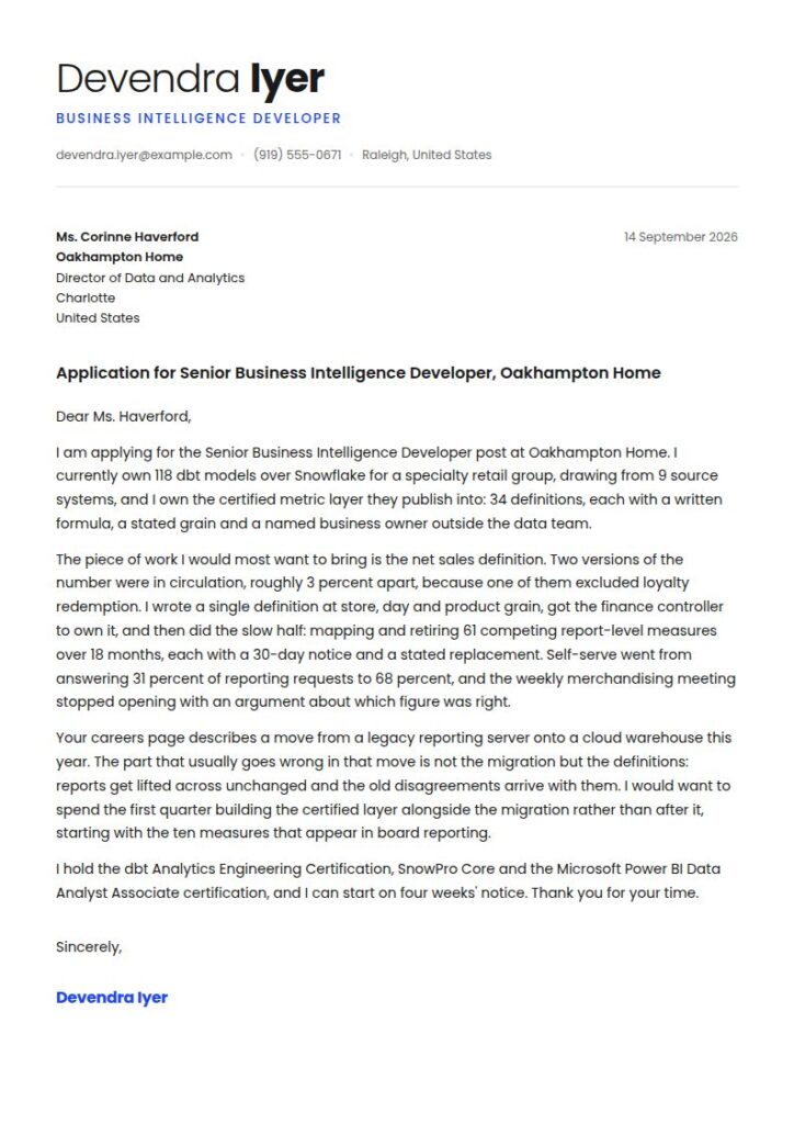 Business Intelligence Cover Letter Examples & Templates