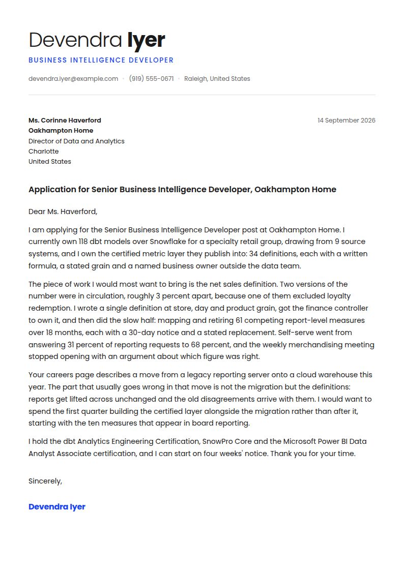 Business Intelligence Cover Letter Examples & Templates