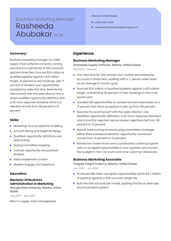 Business Marketing Manager Resume Examples & Templates