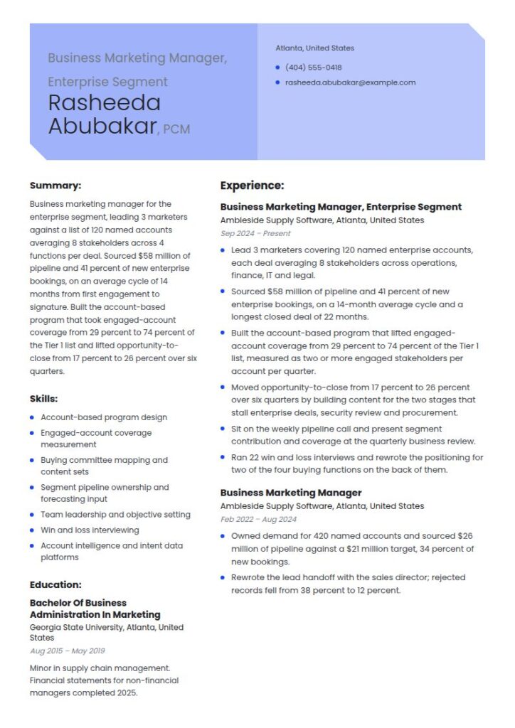 Business Marketing Manager Resume Examples & Templates