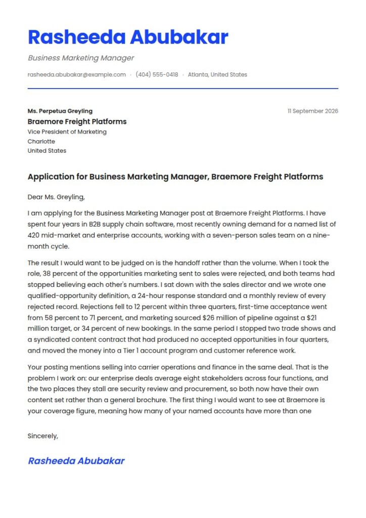 Business Marketing Manager Cover Letter Examples & Templates