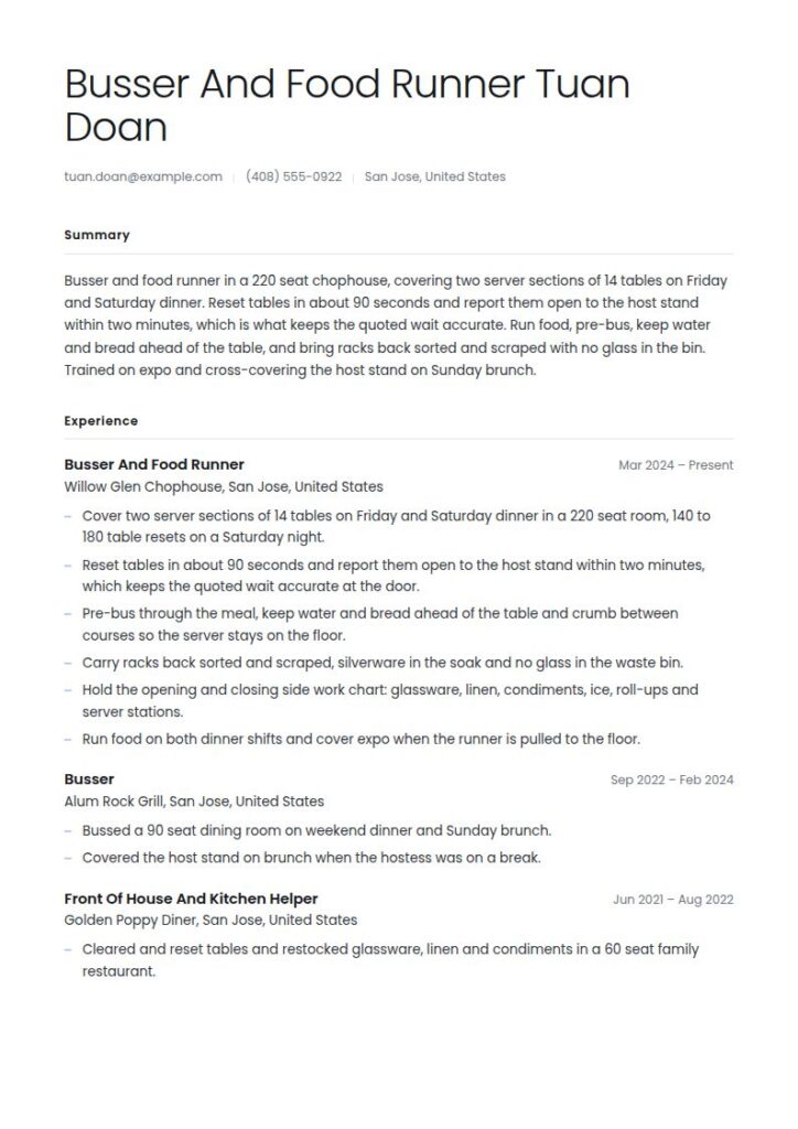 Busser Resume Examples & Templates