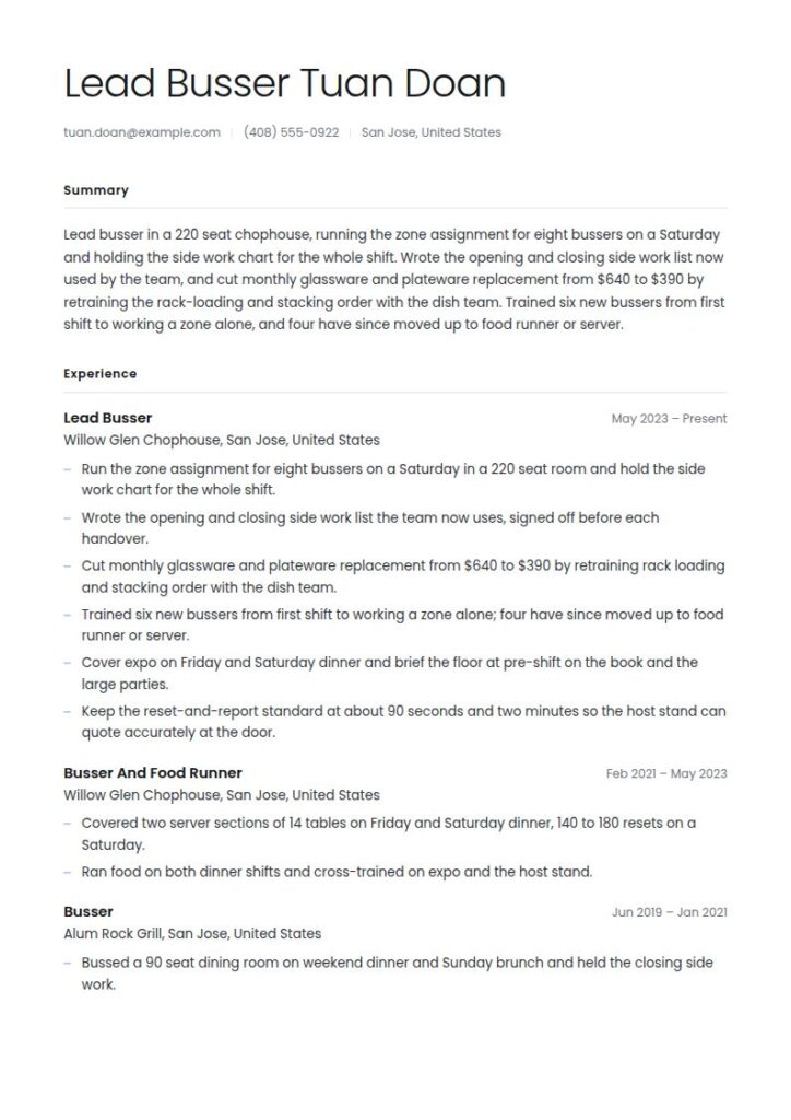 Busser Resume Examples & Templates