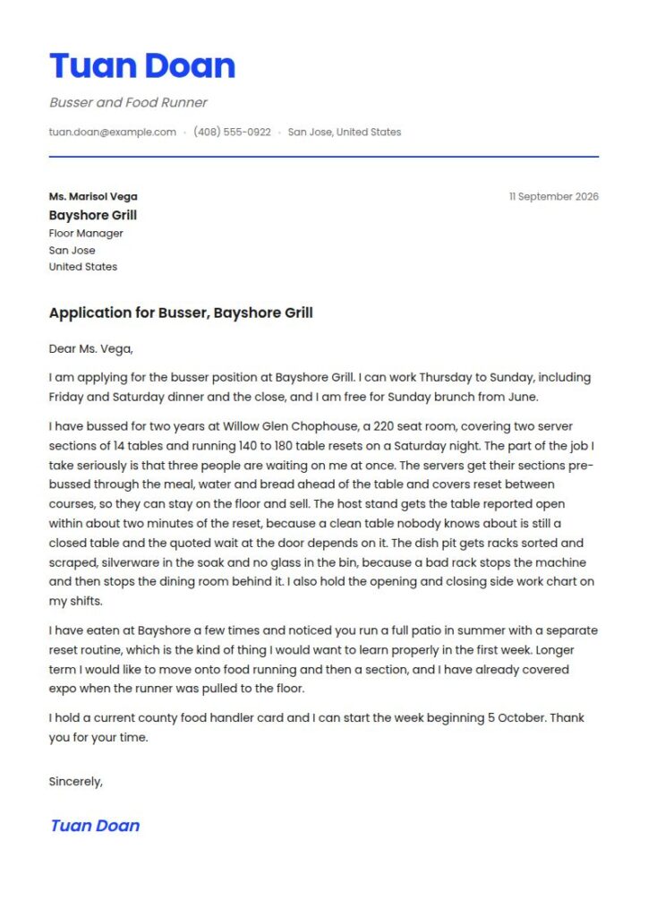 Busser Cover Letter Examples & Templates