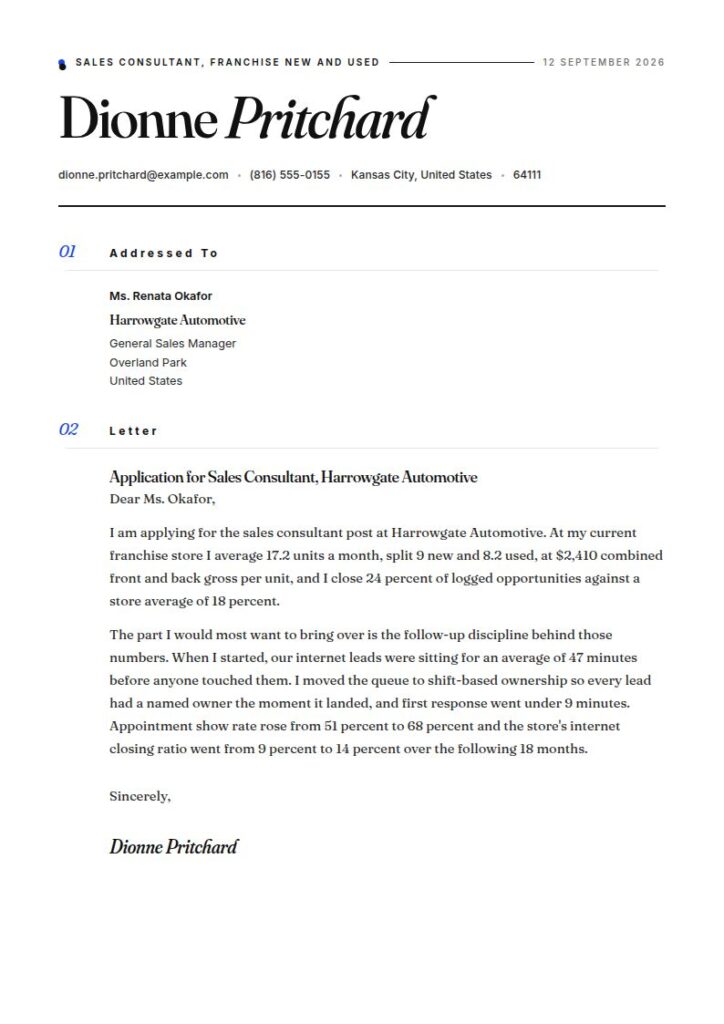 Car Sales Cover Letter Examples & Templates