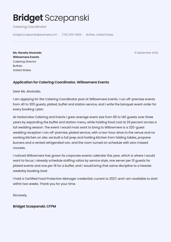 Caterer Cover Letter Examples & Templates