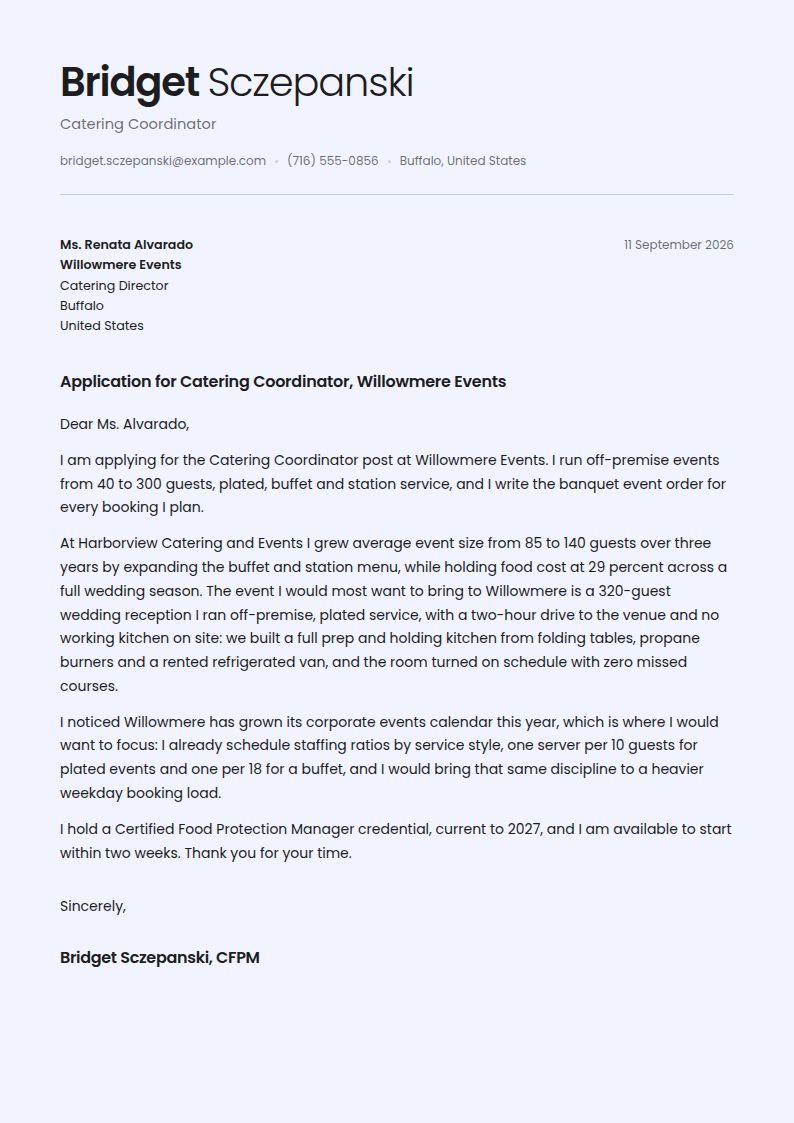 Caterer Cover Letter Examples & Templates