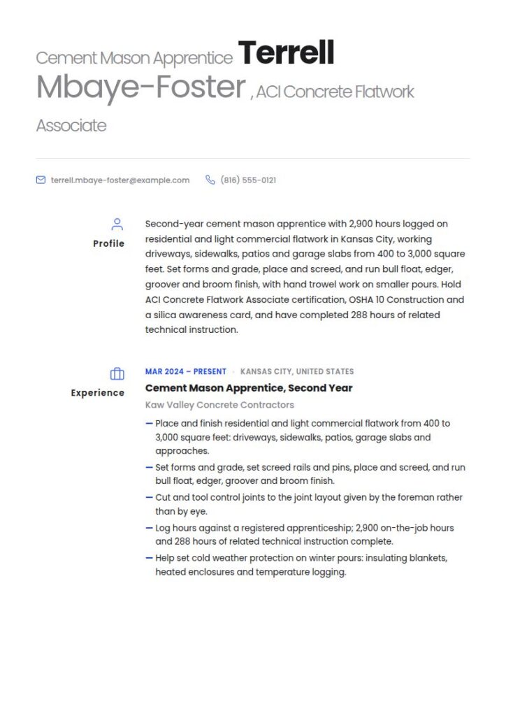 Cement Mason Resume Examples & Templates
