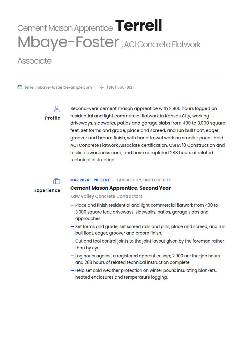 Cement Mason Resume Examples & Templates