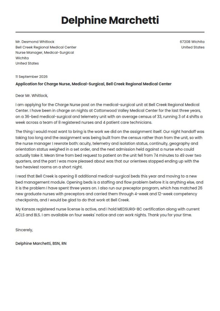 Charge Nurse Cover Letter Examples & Templates