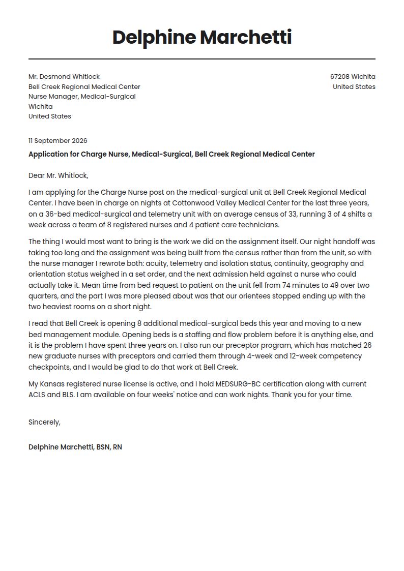 Charge Nurse Cover Letter Examples & Templates