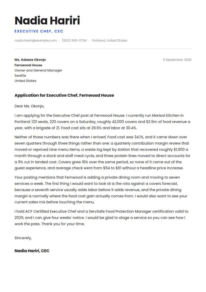 Chef Cover Letter Examples & Templates
