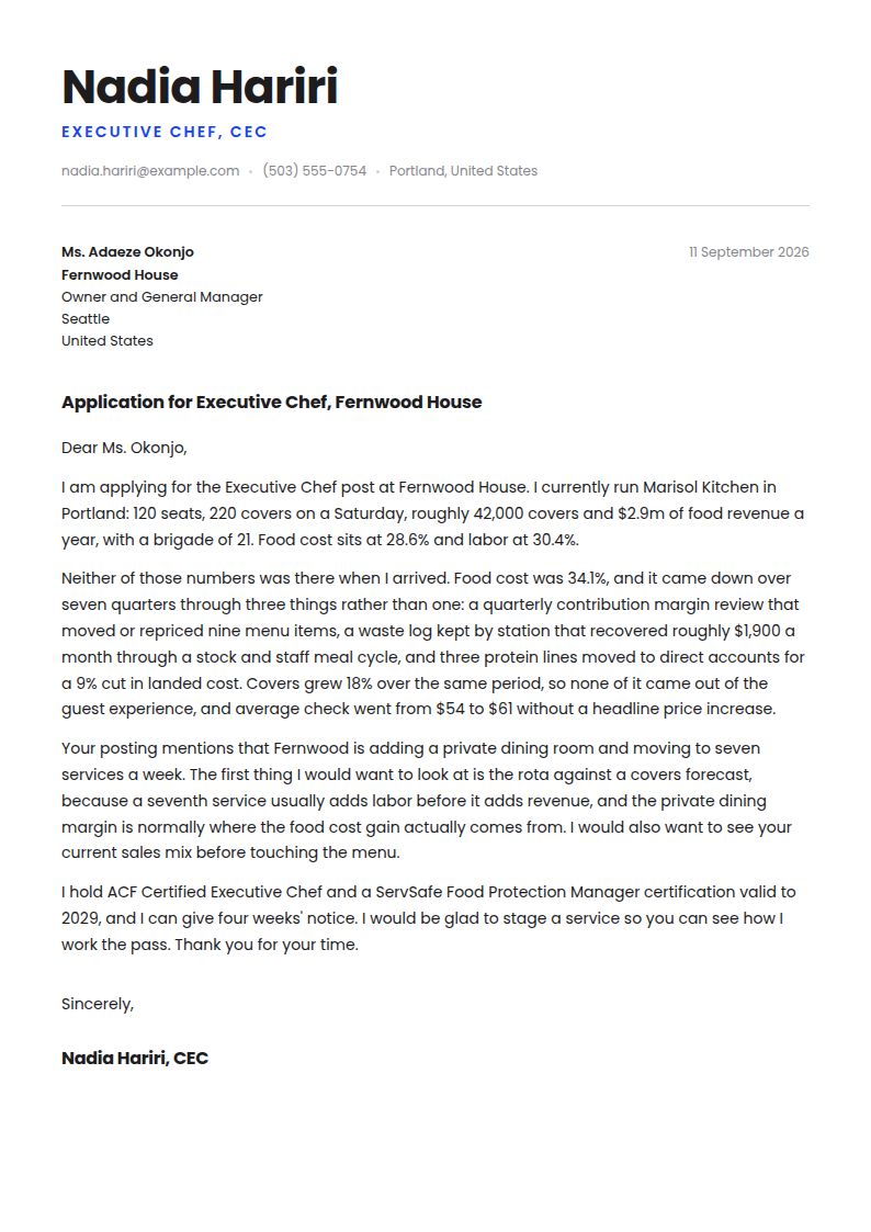 Chef Cover Letter Examples & Templates