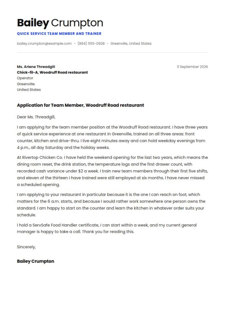 Chick-fil-A Cover Letter Examples & Templates