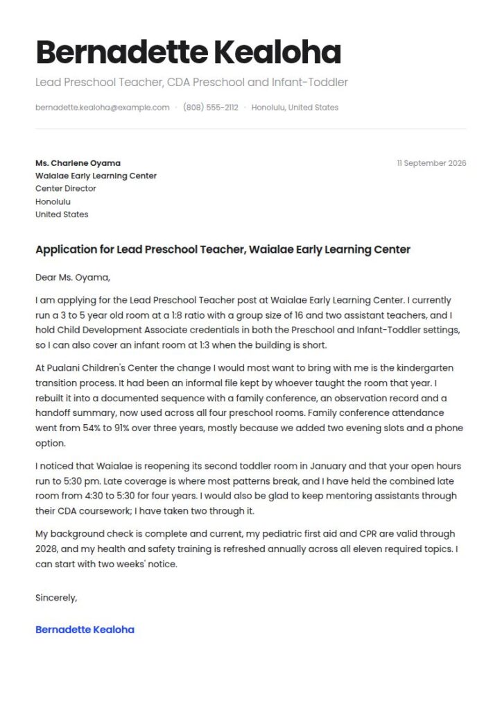 Child Care Cover Letter Examples & Templates