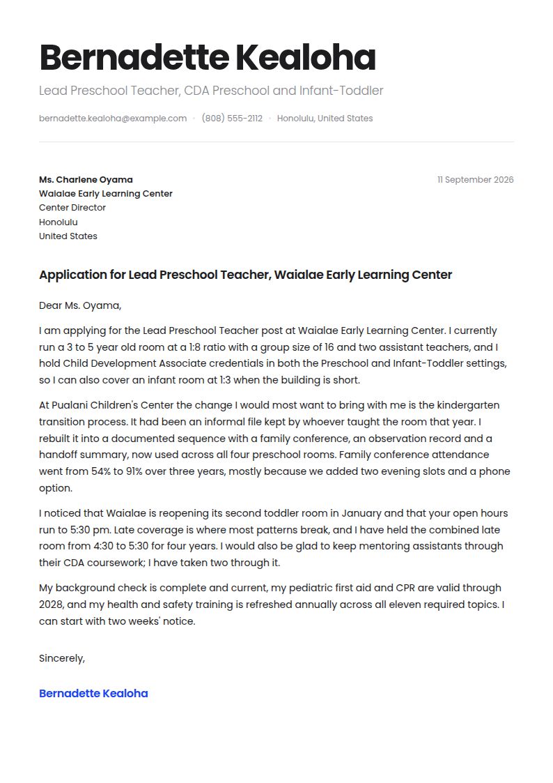 Child Care Cover Letter Examples & Templates