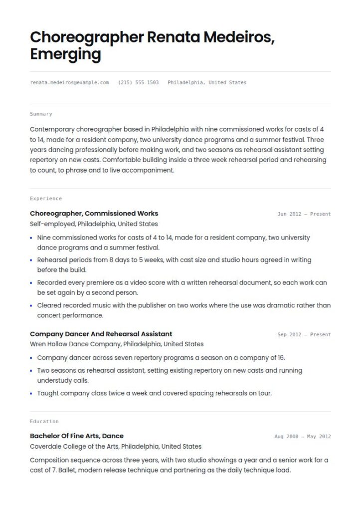 Choreographer Resume Examples & Templates