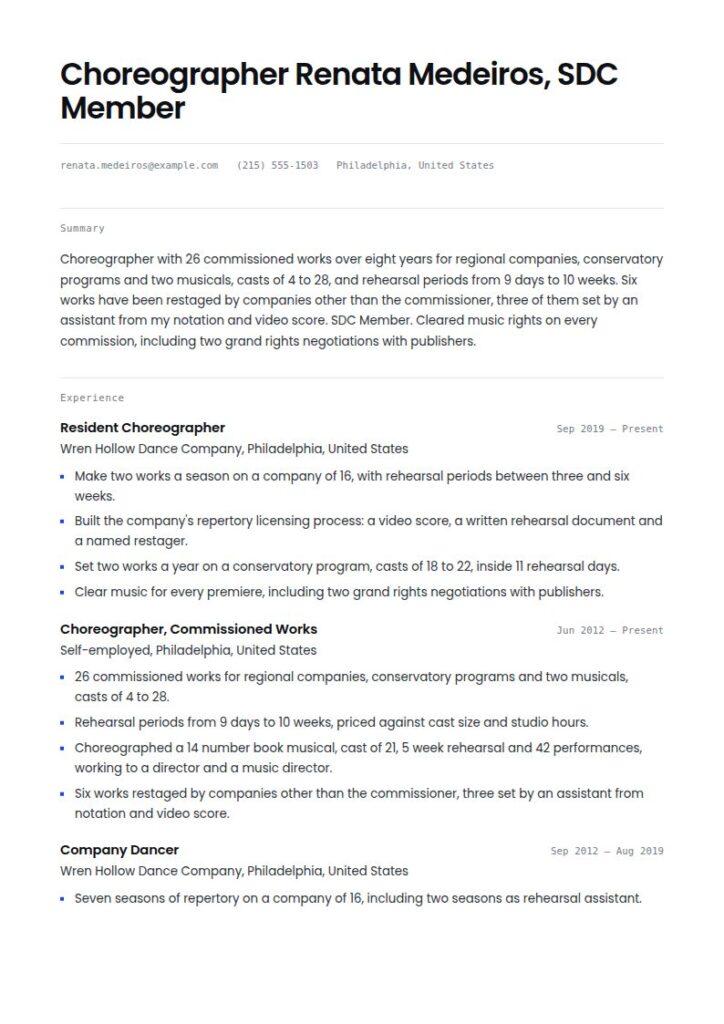 Choreographer Resume Examples & Templates