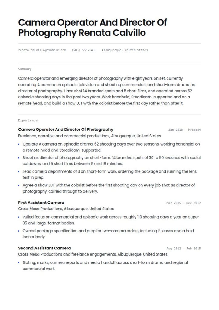 Cinematographer Resume Examples & Templates