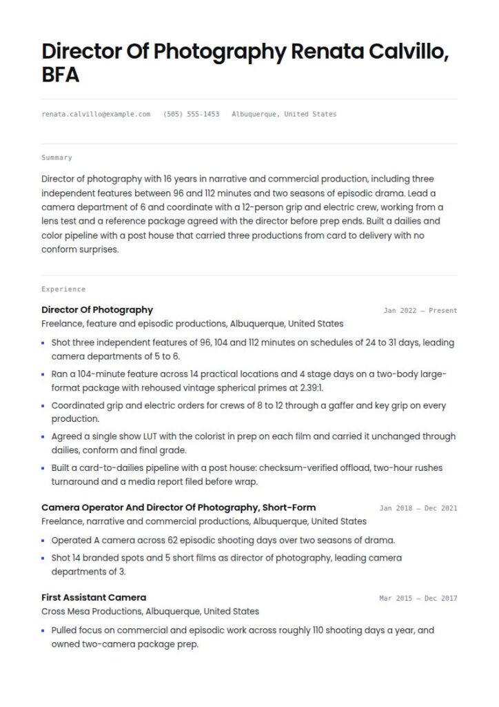 Cinematographer Resume Examples & Templates