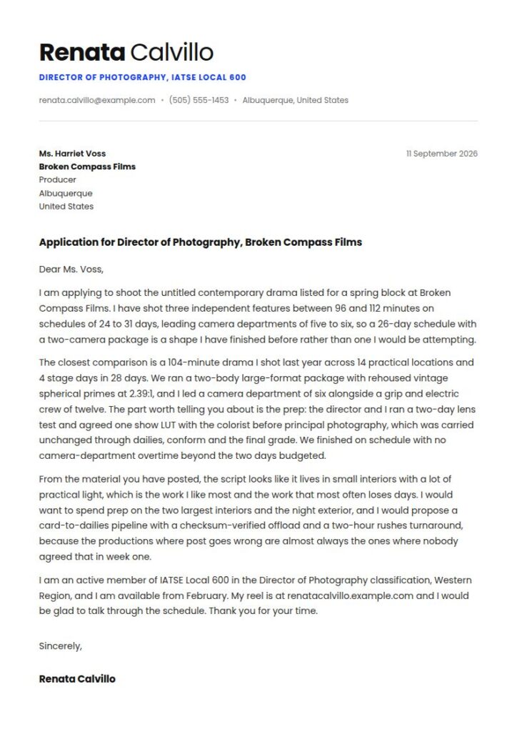 Cinematographer Cover Letter Examples & Templates