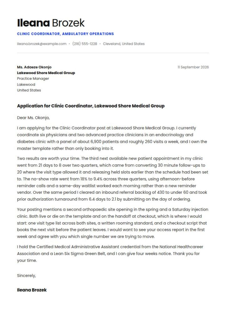 Clinic Coordinator Cover Letter Examples & Templates