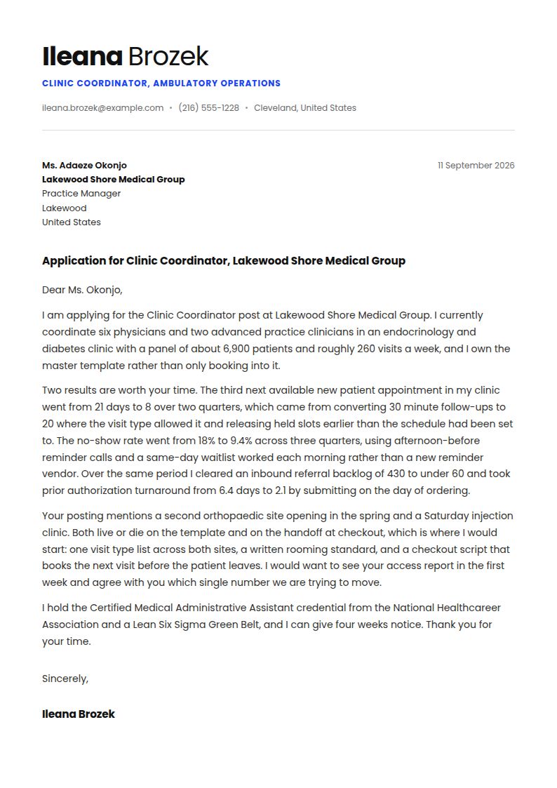 Clinic Coordinator Cover Letter Examples & Templates