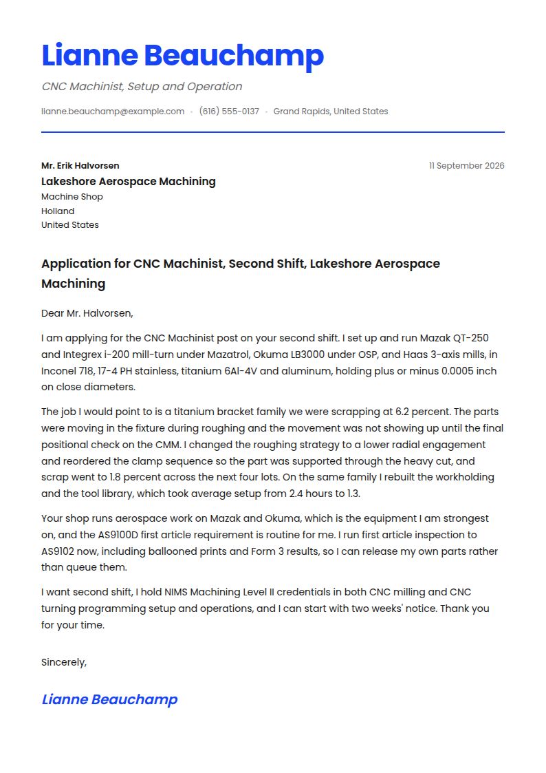 CNC Machinist Cover Letter Examples & Templates