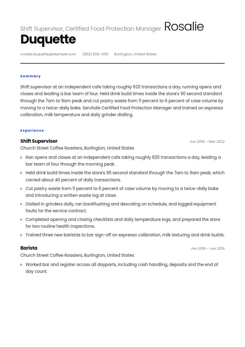 Coffee Shop Manager Resume Examples & Templates