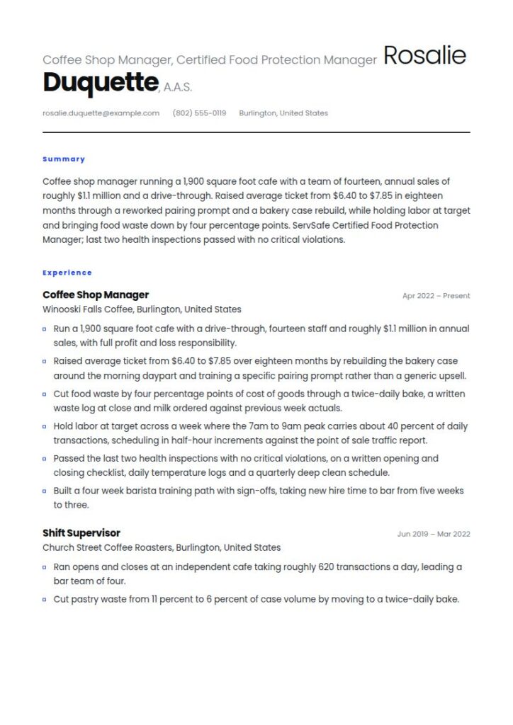 Coffee Shop Manager Resume Examples & Templates