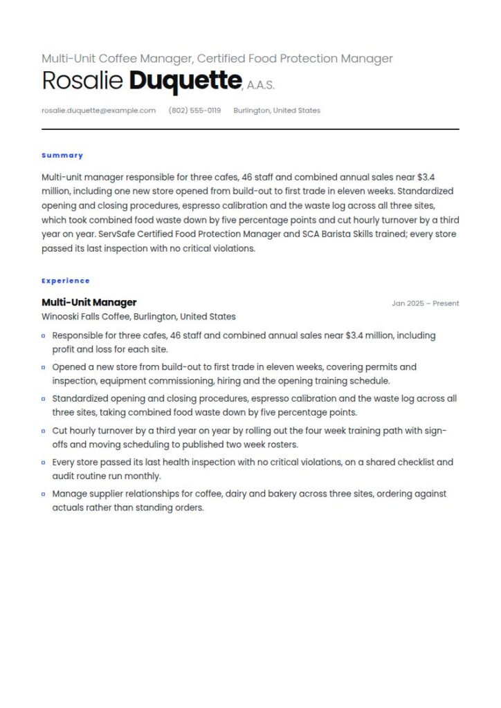 Coffee Shop Manager Resume Examples & Templates