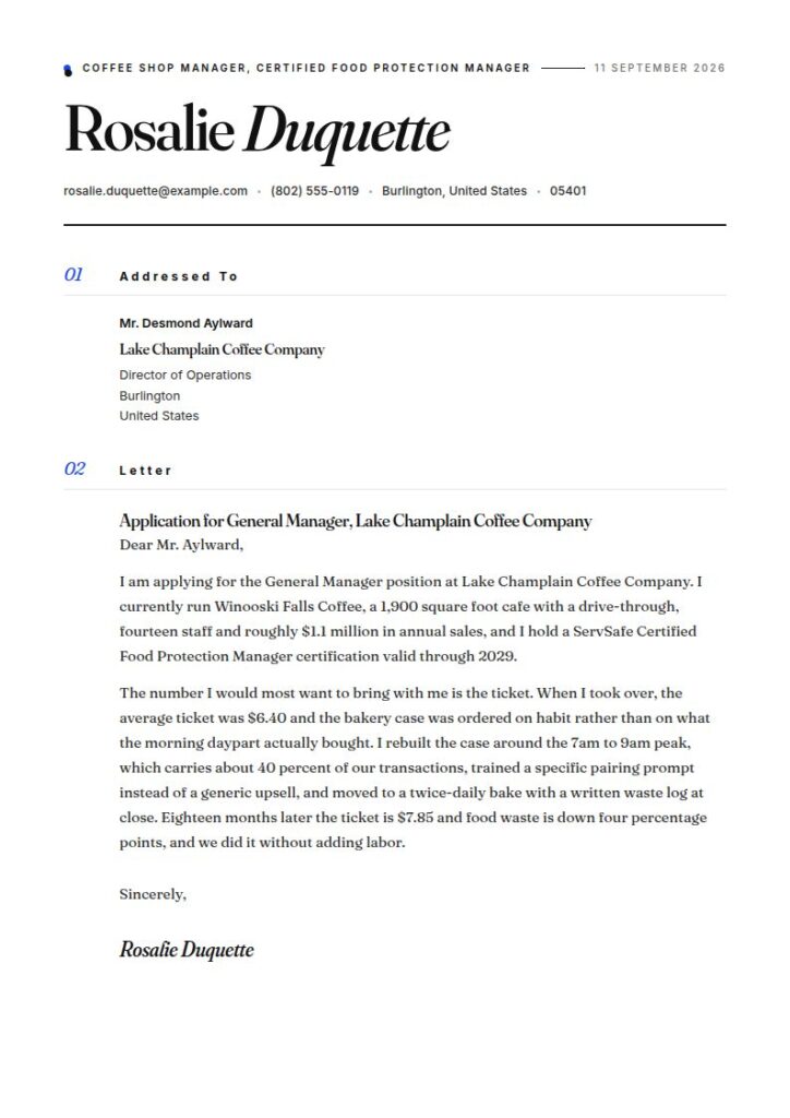 Coffee Shop Manager Cover Letter Examples & Templates