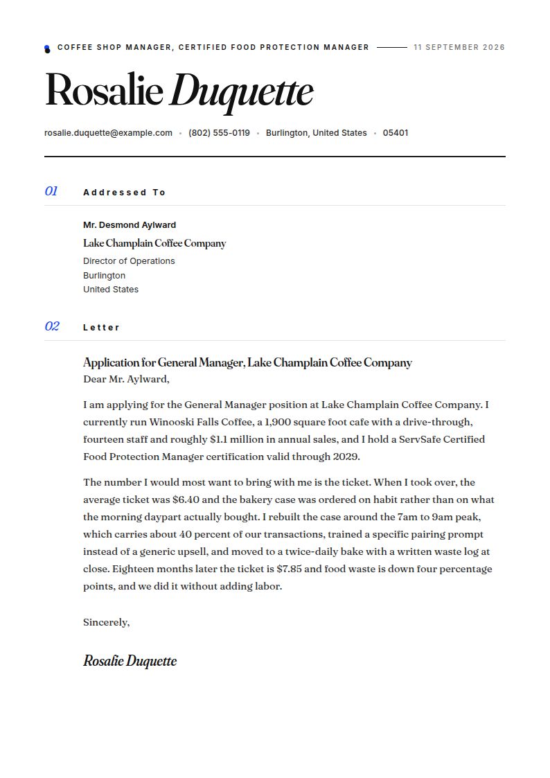 Coffee Shop Manager Cover Letter Examples & Templates