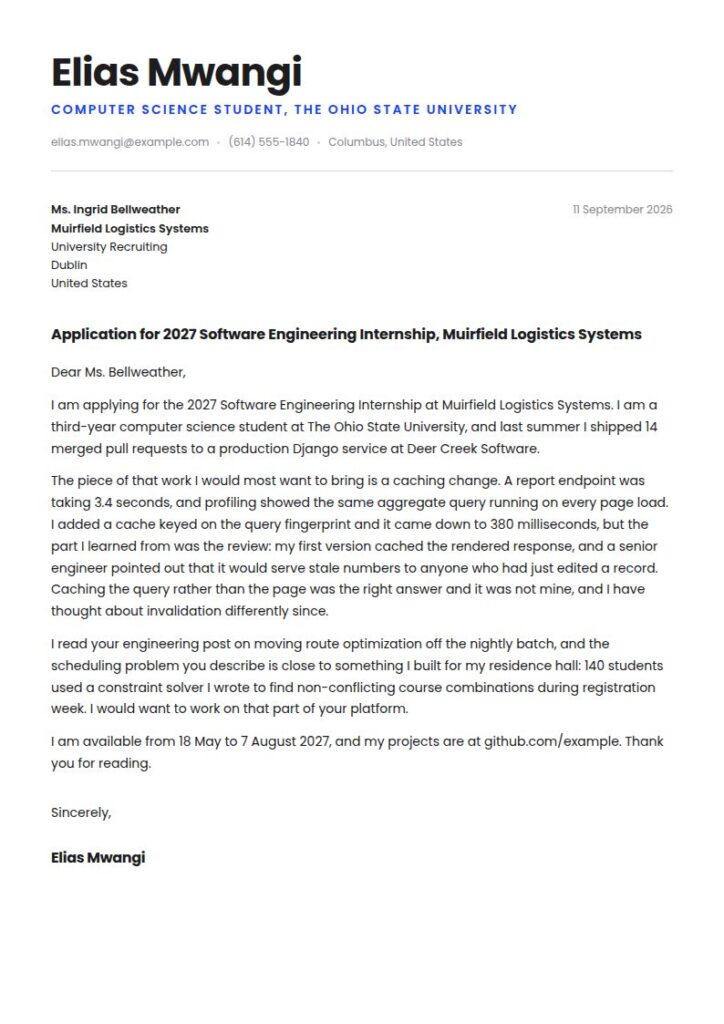 Computer Science Internship Cover Letter Examples & Templates