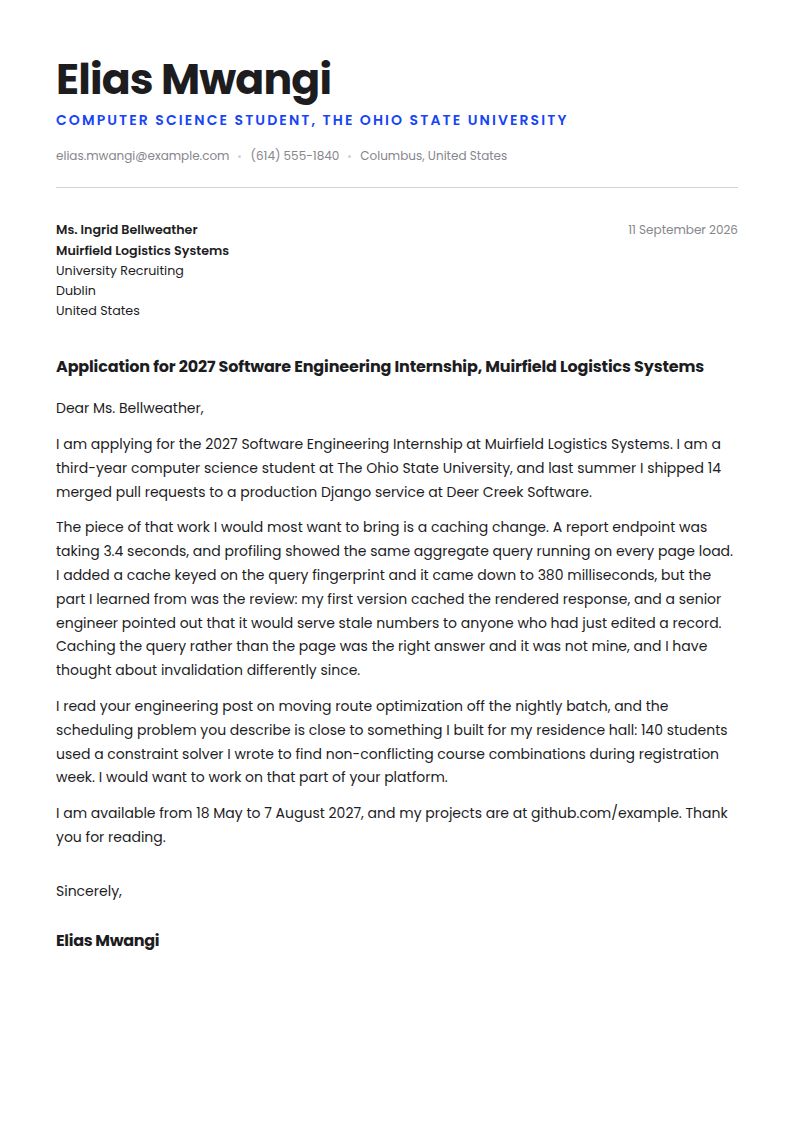 Computer Science Internship Cover Letter Examples & Templates