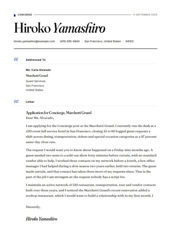 Concierge Cover Letter Examples & Templates