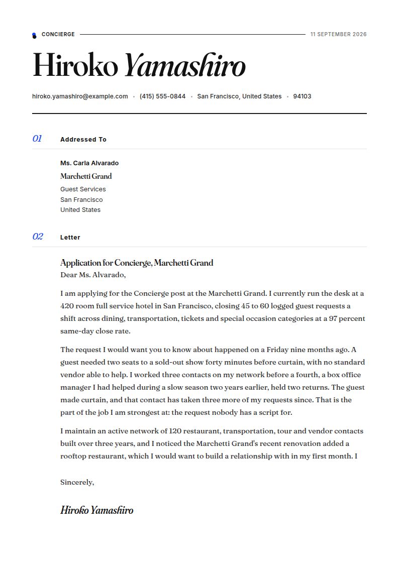 Concierge Cover Letter Examples & Templates