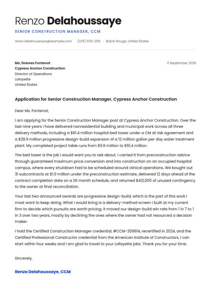Construction Manager Cover Letter Examples & Templates