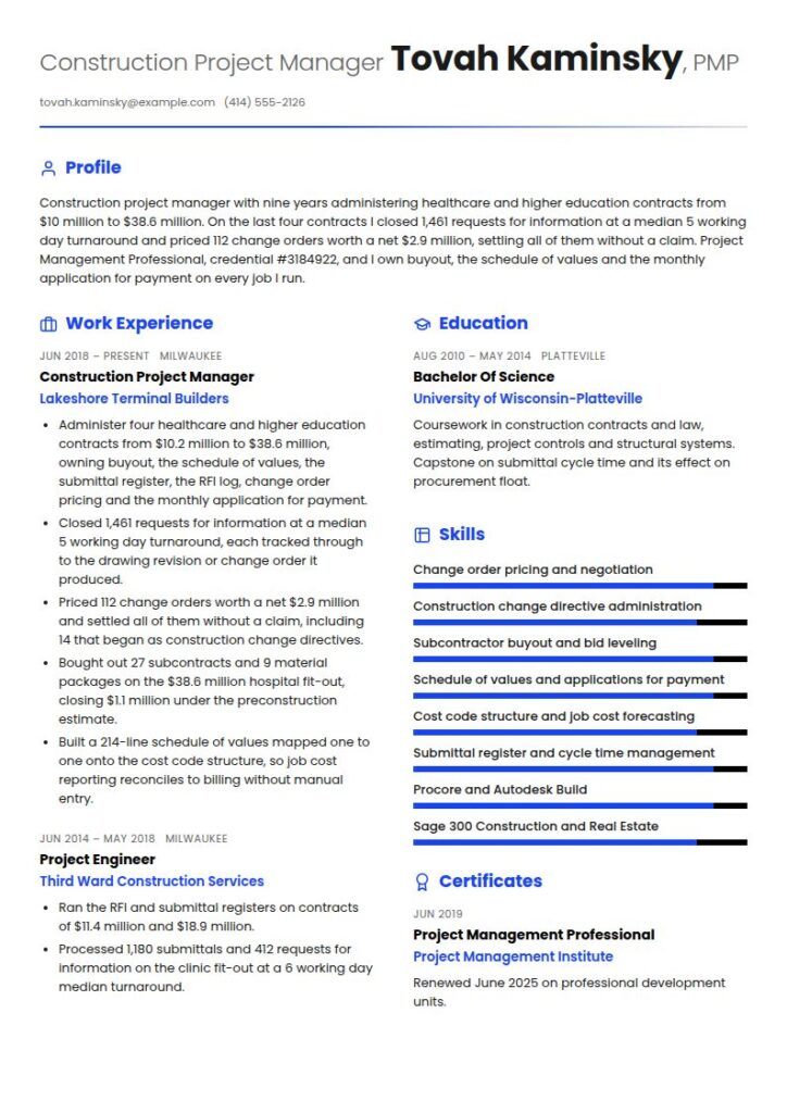 Construction Project Manager Resume Examples & Templates